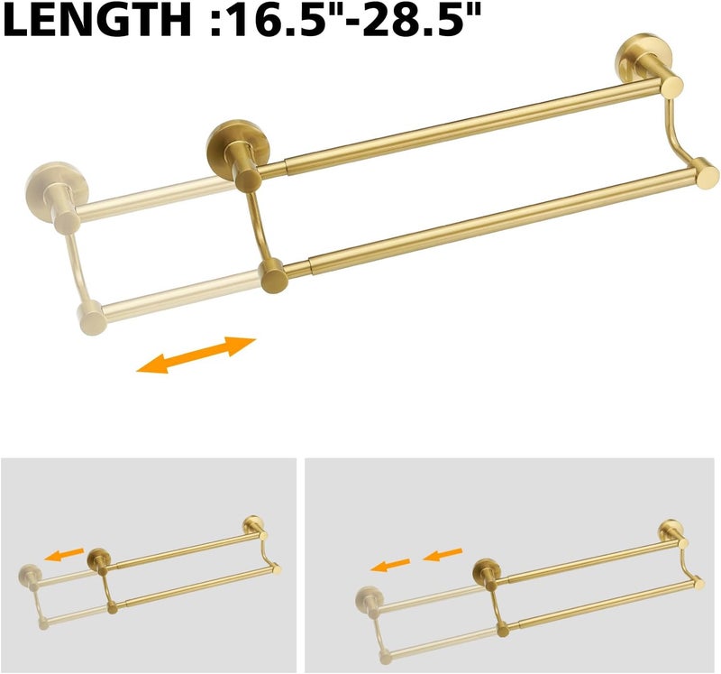 BESy Adjustable 16-26 Inches Double Bath Towel Bar for Bathroom SUS304 Stainless Steel Towel Holder, Hotel Style Wall Mount with Screws Hand Towel Bar，Towel Rack Rod Hanger, Brushed Gold Finish - Image 5